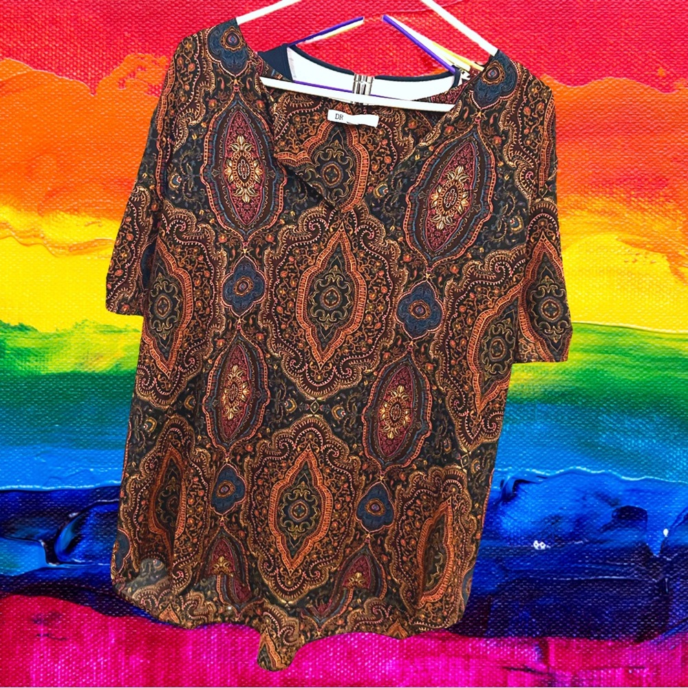 Dr2 Women’s plus-size Black & Orange Paisley-print Short-sleeve Blouse💜💜XXL